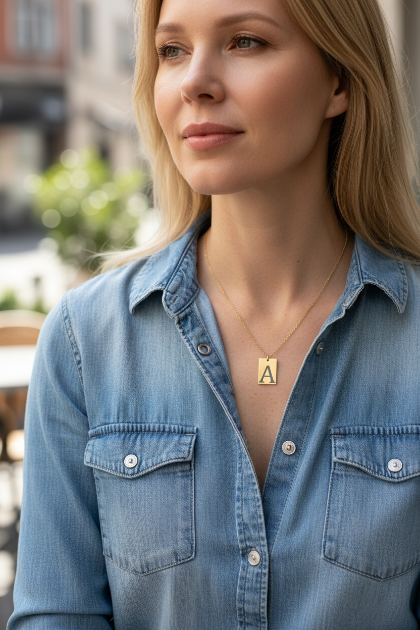 Woman wearing a blue denim shirt and a necklace with a 'A' pendant, standing outdoors.